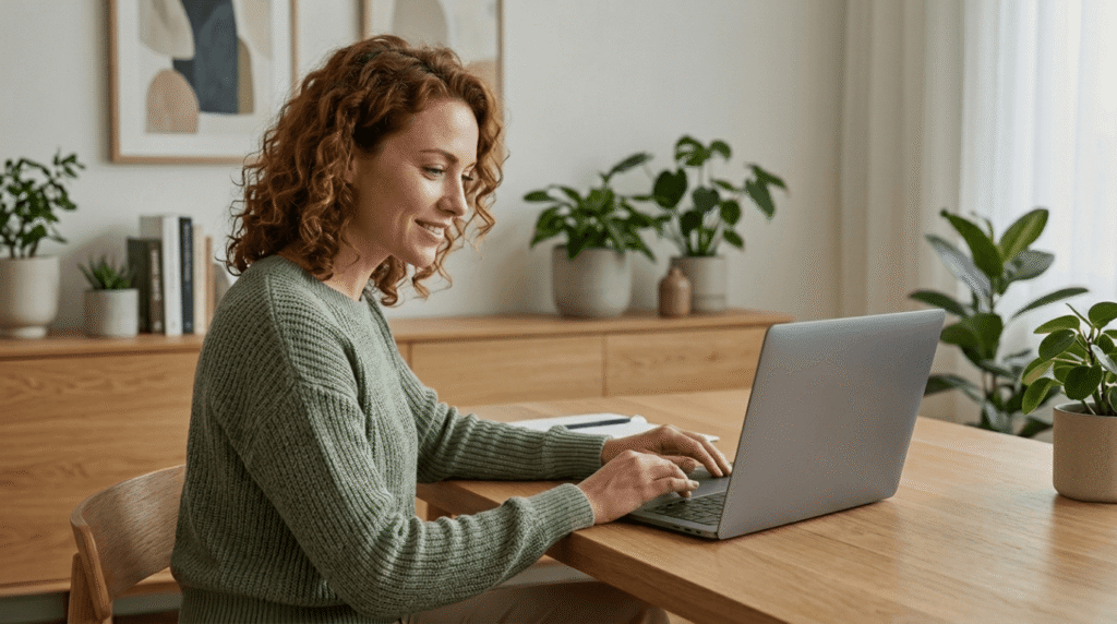 Smiling woman working on a laptop in a bright, modern home office using the AntiBudget Spreadsheet for stress-free money management